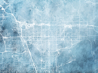 Illustration of a map of the city of  Moreno Valley California in the United States of America with white roads on a icy blue frozen background.
