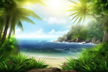 Fototapeta na wymiar Beach landscape with palms. Summer tropical background. Ai generated