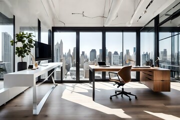 Step into a contemporary loft office bathed in natural light, where sleek lines and minimalist design create a harmonious and inspiring workspace.Ai generated