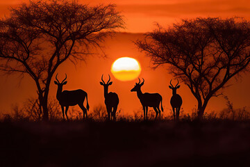 Fototapeta na wymiar Herd of impalas silhouettes in the dry grass of savanna at sunset. Amazing African wildlife. Generative Ai