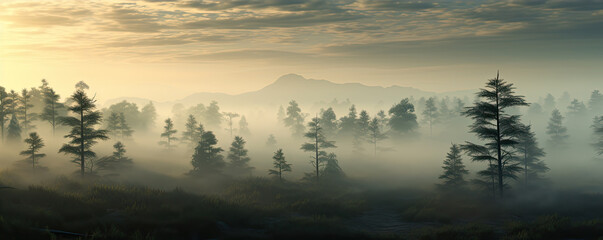 Fototapeta premium forest with trees covered in misty fog.