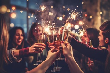A group of young friends toasting with champagne flutes, surrounded by sparkling fireworks, capturing the excitement and celebration of the New Year. Generative Ai