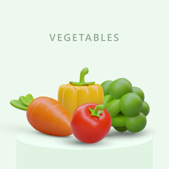Advertising banner for vegetable farmer market. 3D carrot, broccoli, paprika, tomato. Color concept on green background. Generous harvest. Organic natural fresh products