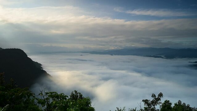 The white sea clouds in the early morning are serene and peaceful. Awe-Inspiring Views of the White Cloud Sea on the Mountaintop. Taiwan