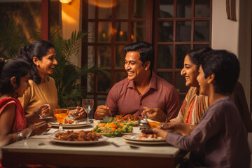 Indian family eating dinner together. Cheerful family spending time together eating dinner. Generative AI