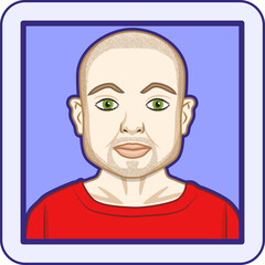 Avatar profile pic of young Caucasian man with green eyes and shaved head with slight hair regrowth. Vector illustration.