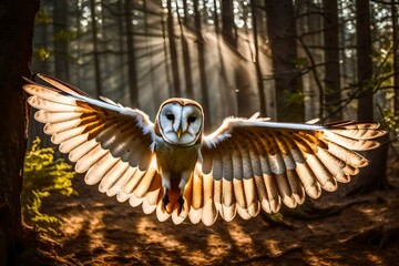 In the heart of a deep and mystical forest, a barn owl takes flight, spreading its wings wide. Ai generated