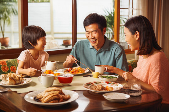 Asian family eating dinner together. Cheerful family spending time together eating dinner. Generative AI
