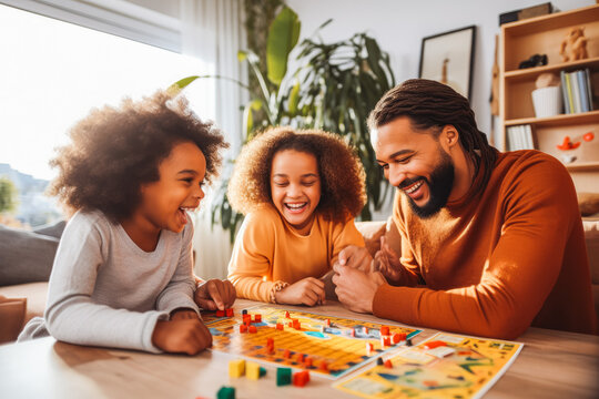 Diverse family playing board game. Family spending time together playing board game. Generative AI