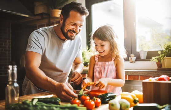 Father Cooking With Daughter. Family Relationships. Father Having Fun With Daughter, Cooking In Kitchen. Generative AI