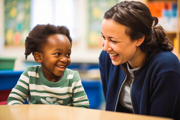 Child speaking with teacher. Learning and school concept. Generative AI