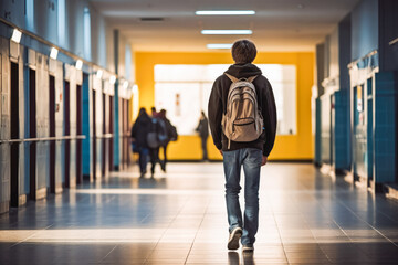 Teenager walking in school corridor. Learning and school concept. Generative AI
