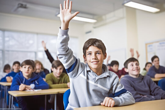 Smiling teenage boy raising hand in classroom to answer question. Learning and school concept. Generative AI