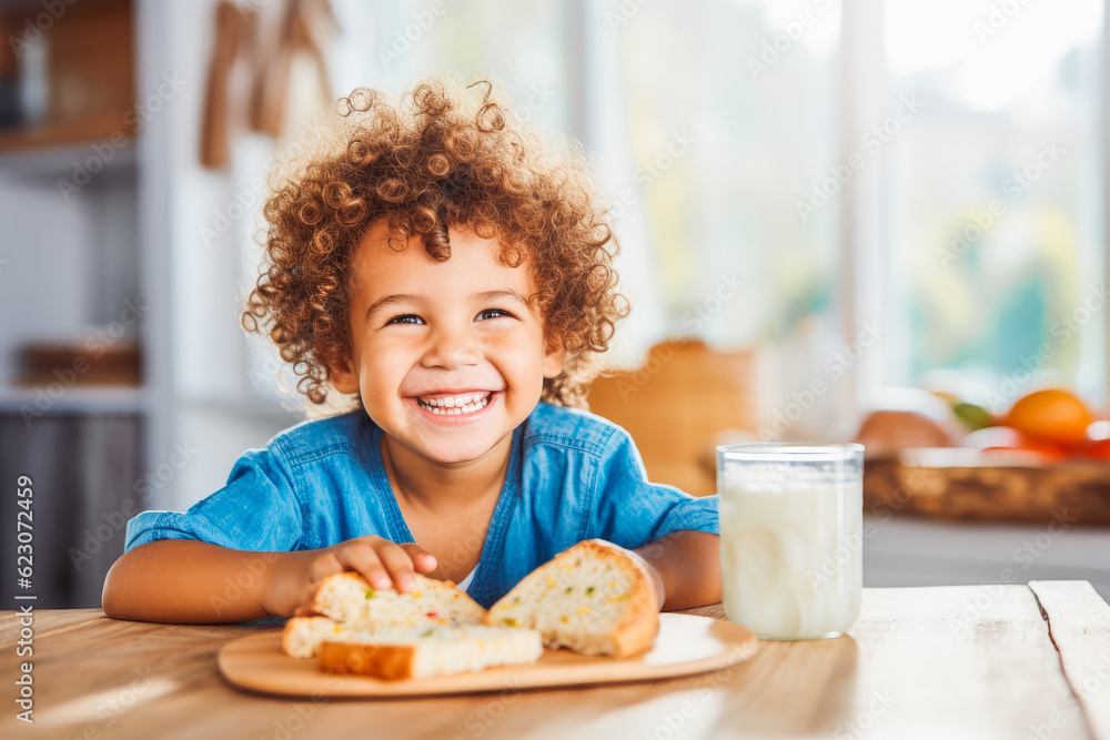 Wall mural happy little boy eating breakfast. healthy breakfast in the morning. child eating breakfast. generat