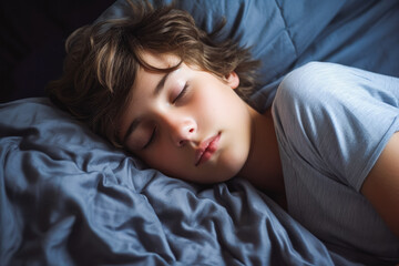 Teenage boy sleeping peacefully in bed at home. Generative AI