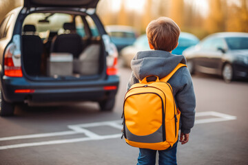 Little boy walking towards car. Education and learning in school. Generative AI