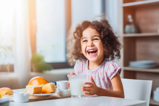 happy little girl eating breakfast. Healthy breakfast in the morning. Child eating breakfast. Generative AI