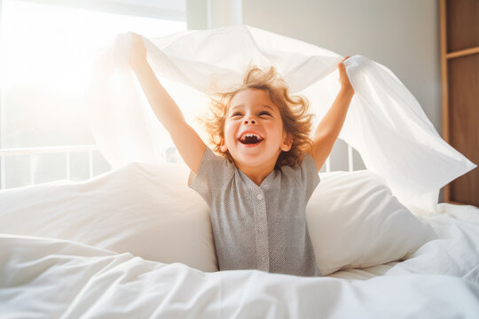 Child waking up and stretching in bed. Happy positive child waking up from sleep. Generative AI
