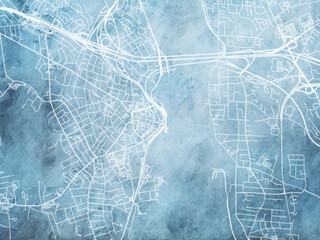 Illustration of a map of the city of  New London Connecticut in the United States of America with white roads on a icy blue frozen background.