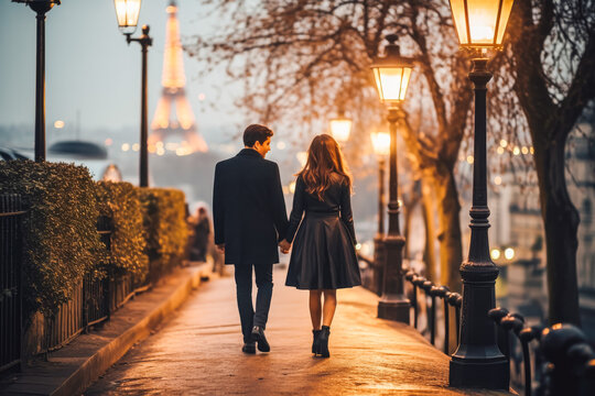 Couple Walking In Paris. Happy Couple Going On Vacation Together, Walking Down The Streets Of Paris. Generative AI