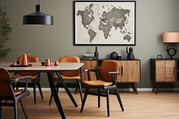 interior design, Modern composition of dining room interior with design wooden table, stylish chairs, decoration. created generative ai.