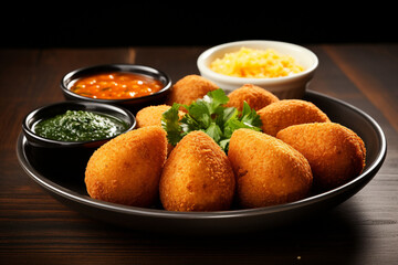 A platter of coxinha, delicious deep-fried Brazilian chicken croquettes, brazilian food, cuzcuz, couscous, cassava, farofa, brazil Generative AI