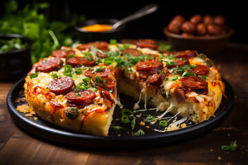 A slice of tantalizing Brazilian pizza, topped with unique ingredients like catupiry cheese, hearts of palm, or Brazilian sausage, brazilian food, cuzcuz, couscous, cassava, farofa Generative AI