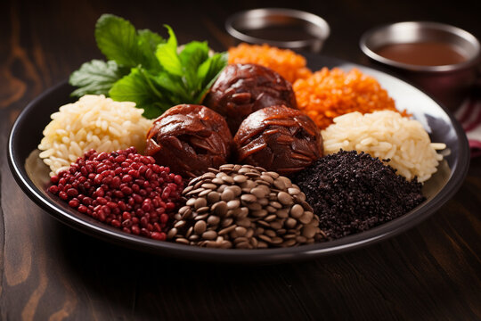 A plate of traditional brigadeiros, Brazilian chocolate truffles rolled in chocolate sprinkles, brazilian food, cuzcuz, couscous, cassava, farofa, brazil Generative AI