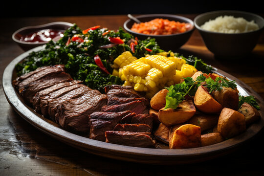 A platter of mouthwatering picanha, a popular Brazilian cut of beef grilled to perfection, brazilian food, cuzcuz, couscous, cassava, farofa, brazil Generative AI
