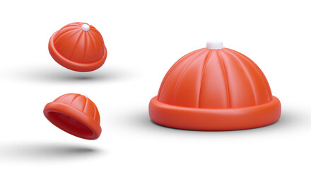 Realistic 3d hat set. Isolated red hat templates. Front and angle view of man or children caps collection. Vector clothing fashion in cartoon style with white background