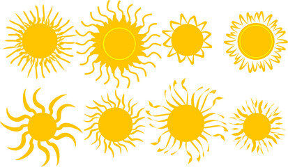 Set of yelow sun on white background.