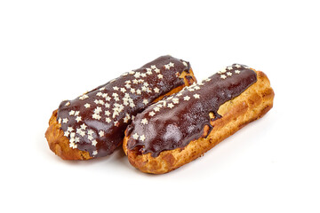 Chocolate eclairs, Custard cakes, isolated on white background.