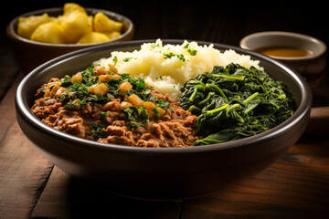 A bowl of mouthwatering tutu de feijão, a Brazilian dish made with mashed beans and served with rice, pork, and sautéed collard greens, brazilian food, cuzcuz, couscous, cassava, f Generative AI