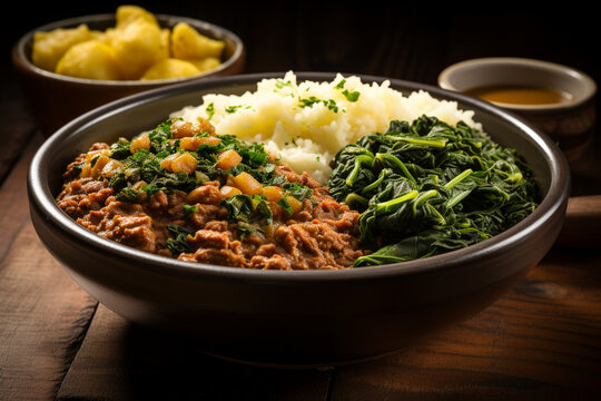 A bowl of mouthwatering tutu de feij&atilde;o, a Brazilian dish made with mashed beans and served with rice, pork, and saut&eacute;ed collard greens, brazilian food, cuzcuz, couscous, cassava, f Generative AI