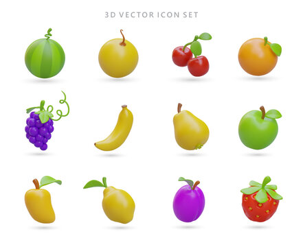 Large set of 3D icons fruits and berries. Isolated vector image on white background. Game icons. Watermelon melon cherry orange grape banana pear apple mango lemon plum strawberry