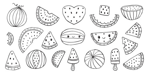 Vector watermelon doodle set, isolated collection on white background, outline fruit coloring page, juicy summer berry slices, tasty cute water melon icon bundle, organic natural vitamins, food snack