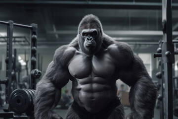 Fototapeta na wymiar fit Gorilla standing at the gym, Gorilla flexing muscles at the gym, generative AI