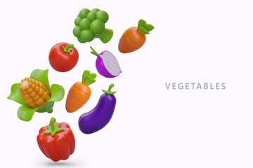Fresh organic vegetables from farm. 3D broccoli, carrot, onion, tomato, corn, eggplant, bell pepper. Vegetarian menu cover template. Vector poster for market