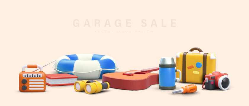 Garage sale. Big vector poster in cartoon style. Unnecessary items for sale. Realistic illustration with text. Color template for announcement. Invitation to event