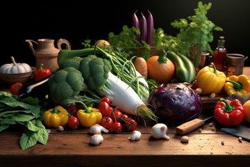 Fototapeta na wymiar Variety of fresh farm vegetables on wooden table. AI generated