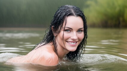 Portrait of beautiful erotic smiling wet woman in the water in the rain. Generative AI