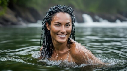 Portrait of beautiful erotic smiling wet woman in the water in the rain. Generative AI