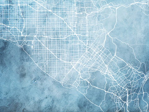 Illustration of a map of the city of  Orange County California in the United States of America with white roads on a icy blue frozen background.