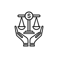 Lawyer service icon design.two hands and balance scale combination black and white Vector icon.