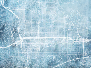 Obraz premium Illustration of a map of the city of Pasadena California in the United States of America with white roads on a icy blue frozen background.