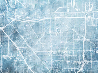 Illustration of a map of the city of  Pasadena Texas in the United States of America with white roads on a icy blue frozen background.