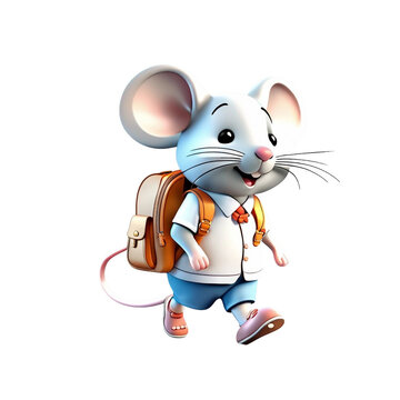 Mouse walking and carrying a schoolbag. AI-generated.