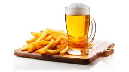 Beer glass with french fries on white background