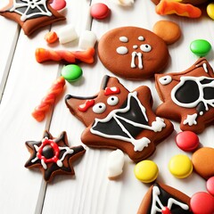 Obraz premium Halloween gingerbread cookies with candies on white wooden table