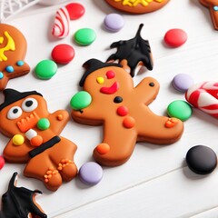 Halloween gingerbread cookies with candies on white wooden table